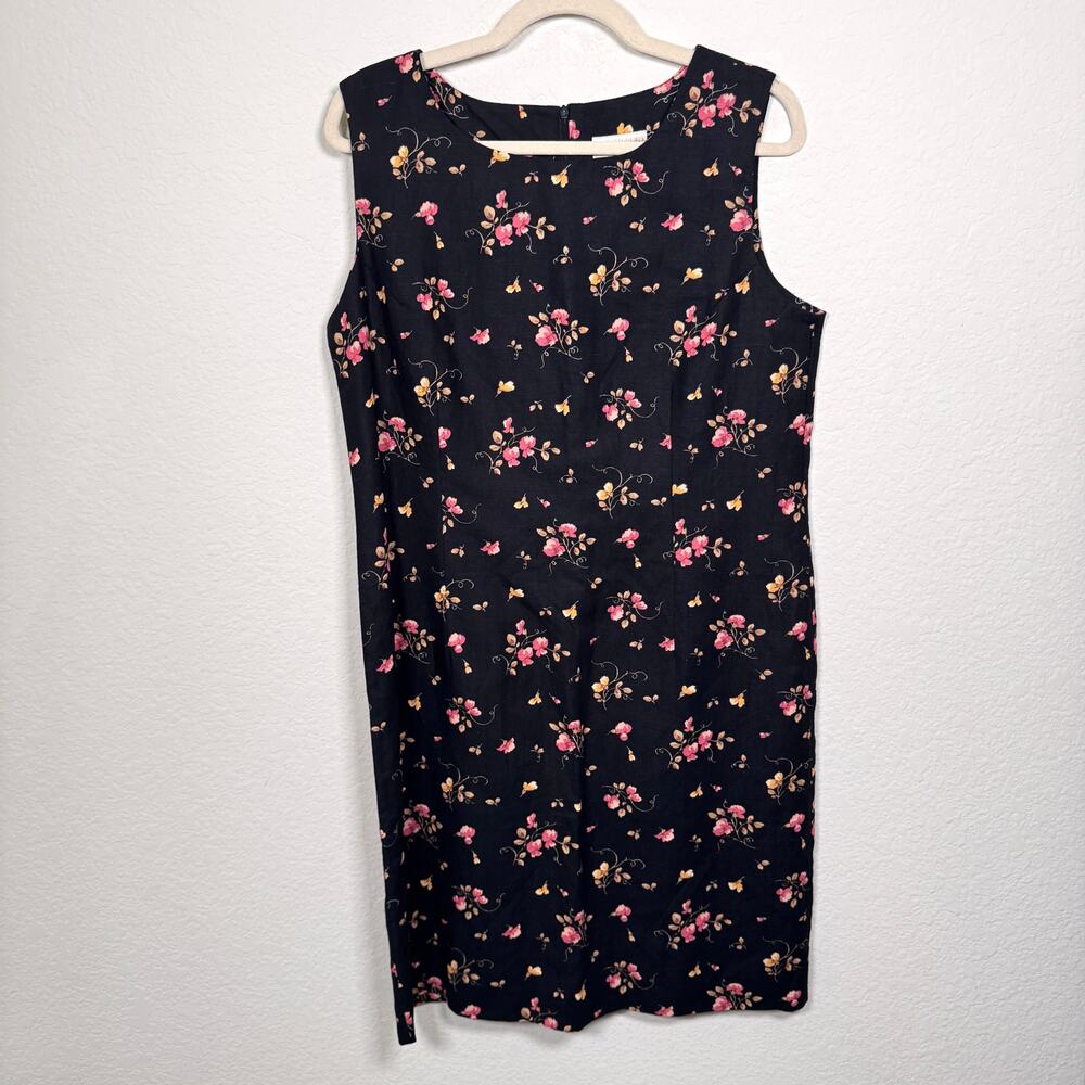 Coldwater Creek Womens Sleevless Shift Dress Size 12 Linen Cotton Floral Black